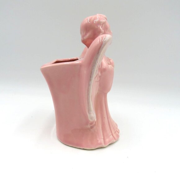 Vintage Wall Pocket Pink Ceramic Singing Angel Figurine 6" Planter Vase - Picture 4 of 10